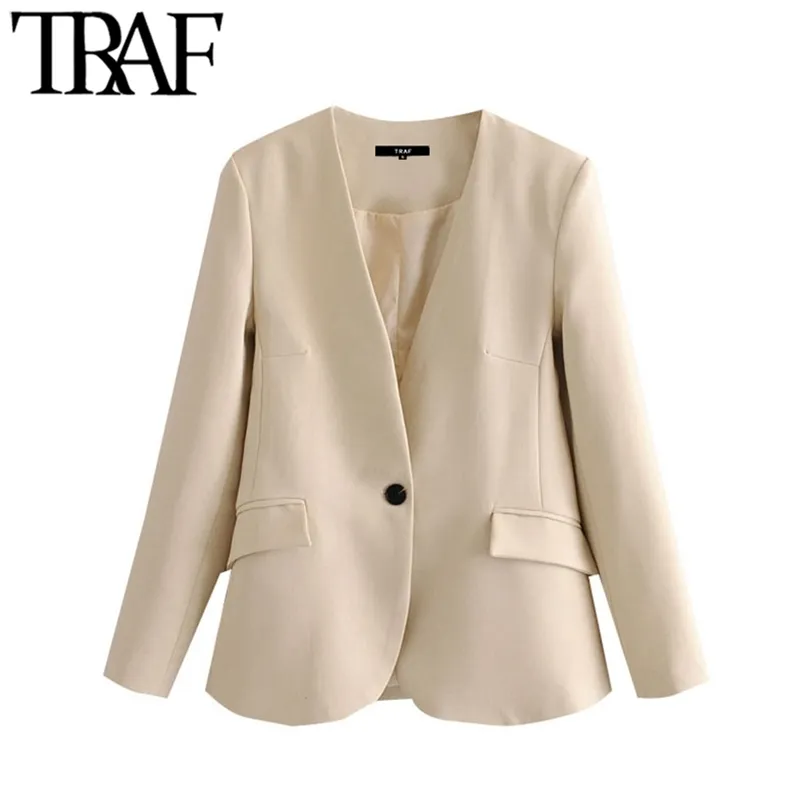 Women Fashion Office Wear Single Button Blazer Coat Vintage V Neck Long Sleeve Pockets Female Outerwear Chic Tops 210507