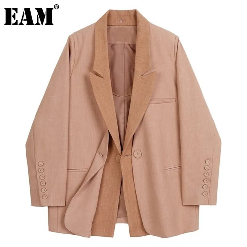 [EAM] Women False Two Big Size Temperament Blazer Lapel Long Sleeve Loose Fit Jacket Fashion Spring Autumn 1DD1014 211122