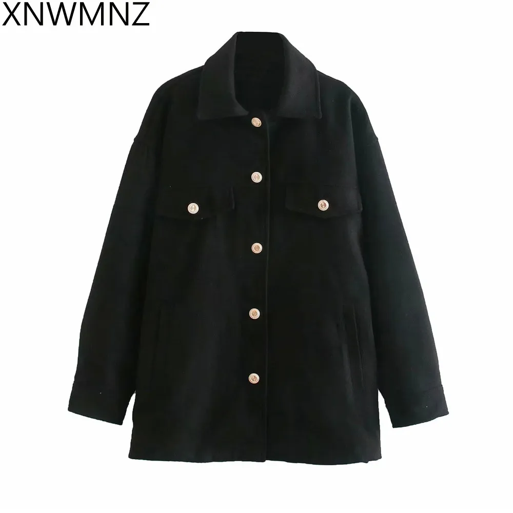 Vintage Blend Overhirt Welt Fickor Oversized Jacket Coat Women Fashion Lapel Collar Långärmad Loose Ytterwear Chic Toppar 210510