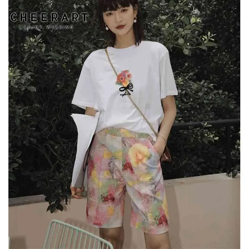 Pantalones cortos florales de verano para mujer de cintura alta Casual rosa para mujer estética coreana 210427