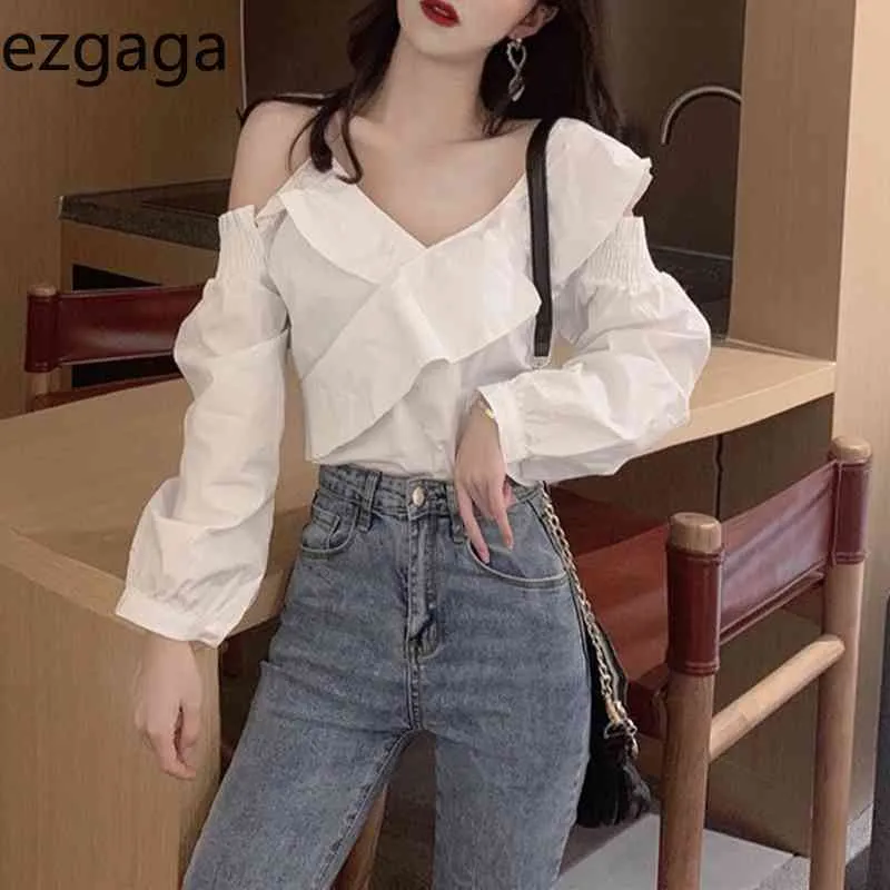 Ezgaga Blusa sexy Mujeres con cuello en V Manga larga Fuera del hombro con volantes Primavera Moda coreana Camisas femeninas sueltas Clubwear Casual 210430