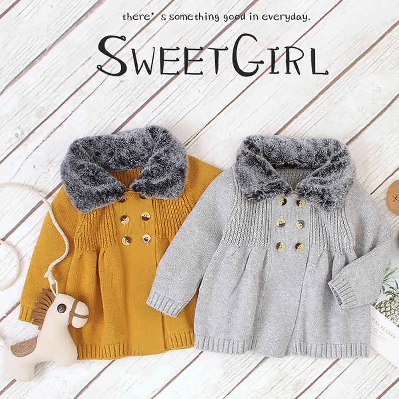 0-3 ans infantile automne hiver bébé filles poupée col en peluche tricot veste chaleur enfants Cardigan manteau vêtements 210429