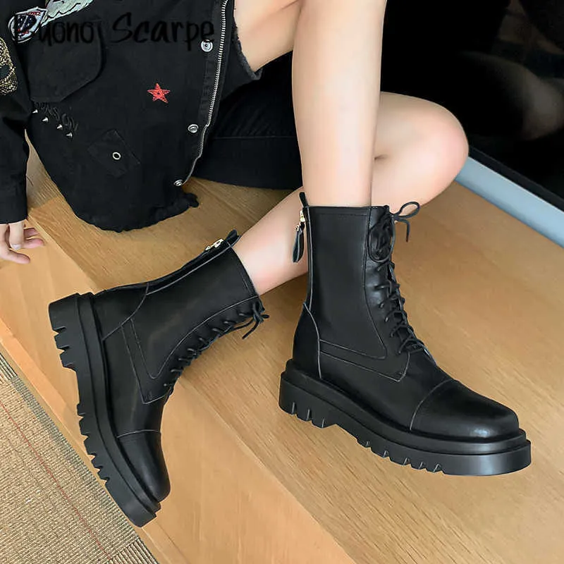 Nouveau automne hiver femmes en cuir véritable Stretch bottes courtes fond épais à lacets bottines dos Zip décontracté basique femmes pompes Y0905