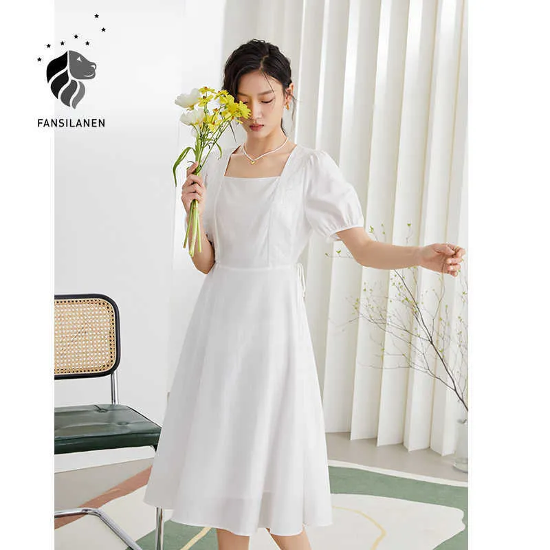 Fansilanen escritório senhora doce laço quadrado colar de cintura alta vestido verão branco manga chiffon saia coreano 210607