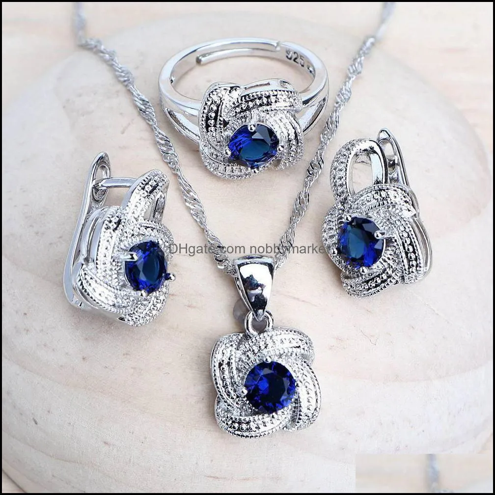 Blue zirconia women`s jewelry sets, 925 sterling sier, wedding apparel jewelry, earrings, rings, bracelets, necklac, pendants