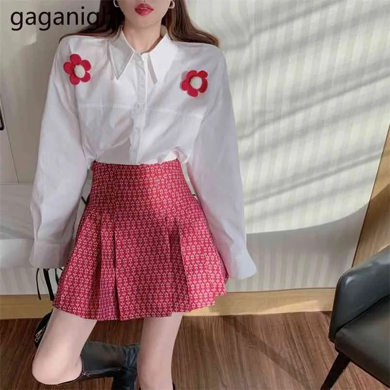 Kawaii Women Two Pieces Set Flower White Long Sleeve Shirt Red Sweet Mini Short Skirt Spring Outfits Drop 210601