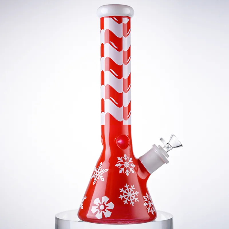 Xmas Hookahs Christmas Style Big Beaker Red Bong Straight Tube Smoking Pipe Snowflake Water Pipes 7mm Thick Glass Bongs With Bowl Diffused Downstem