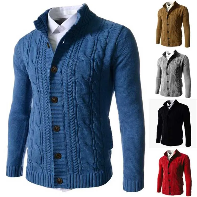 Plus Size M-4XL Solid Color Cardigan Sweater Men Autumn Winter Knitted Jackets Coat Stand Collar Warm Thick pull homme 211221
