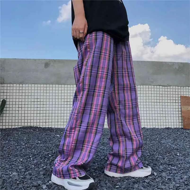 HYBSKE Streetwear Men's Purple Plaid Pants Hip Hop Man Casual Korean Male Straight Trousers Harajuku Clothing 210715