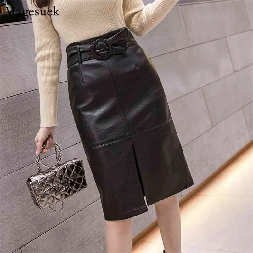 Fashion Autumn Winter Sexy Leather Skirt Women High Waist A-line Midi Ladies s Split Bag Hip PU Black 12129 210512