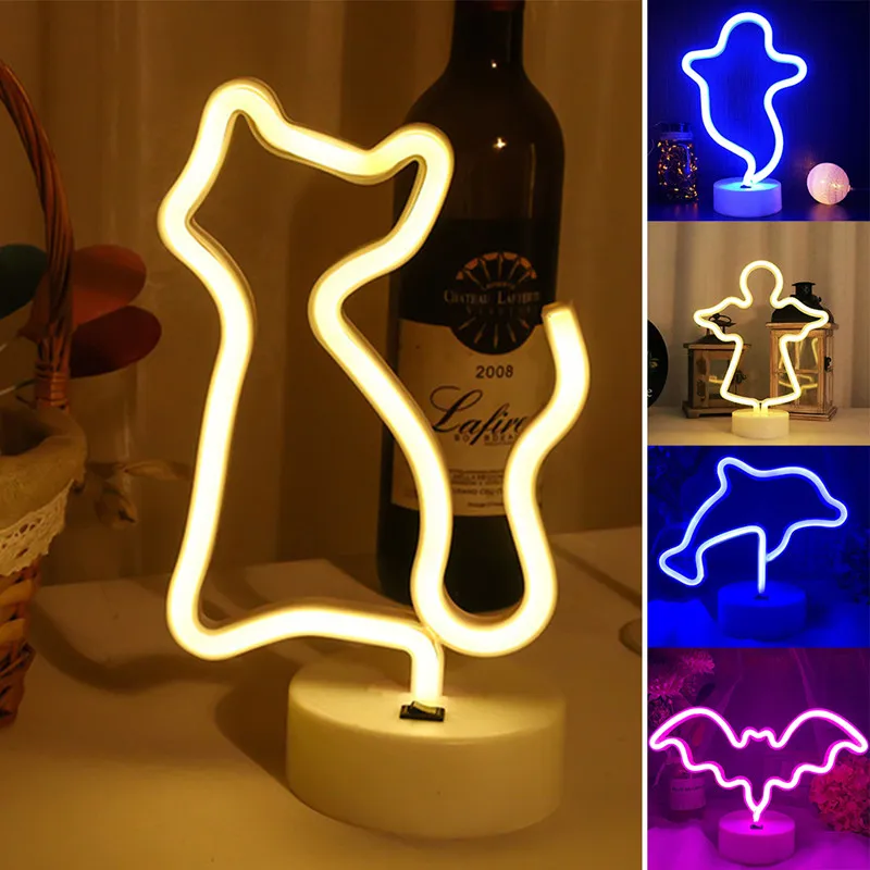 LED Neon Night Light - USB Powered 3D Table Lamp, Cute Ghost, Cat, Bat ...