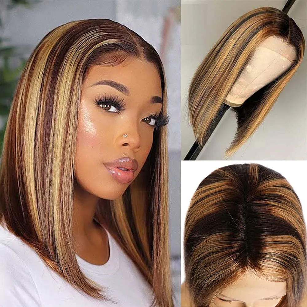 Highlight Bob Wig Ombre Color P4/27 Brazilian Virgin Human Hair 4X1 Lace Frontal Wigs with Baby Hair Natural Hairline