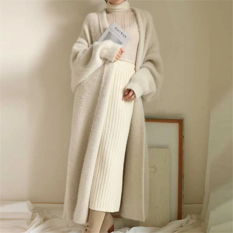 Fashion Long Cardigan Women Autumn And Winter Mohair Loose Knit Sweater Female Casual Oversized Jacket Coat 210520
