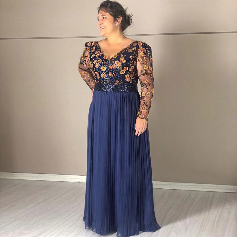 Donanma Mavi Payetli Anne Gelin Elbiseler Illusion V Boyun Uzun Kollu Düğün Konuk Elbise Aplike Kat Uzunluk Şifon Artı Boyutu Abiye giyim