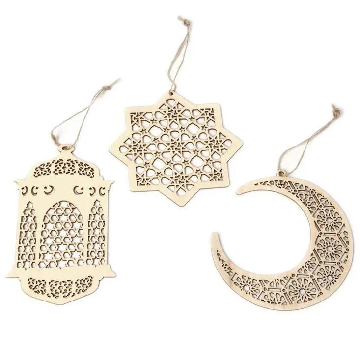 Party Decoration Ramadan Wooden Decor Eid Mubarak Muslim Moon Star Plate Hollow Pendant Islamic Festival Event SN2077