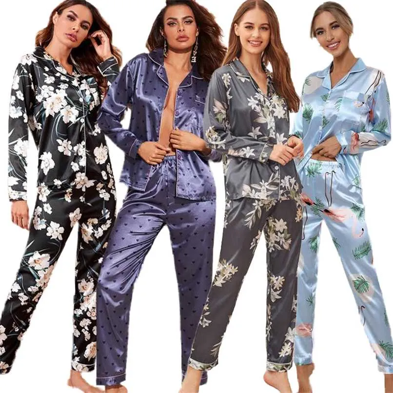 Autumn Winter Mulheres de pijamas de cetim de seda ladras de manga longa camisa superior calça as calças de pijama calwearwear pj s 211118