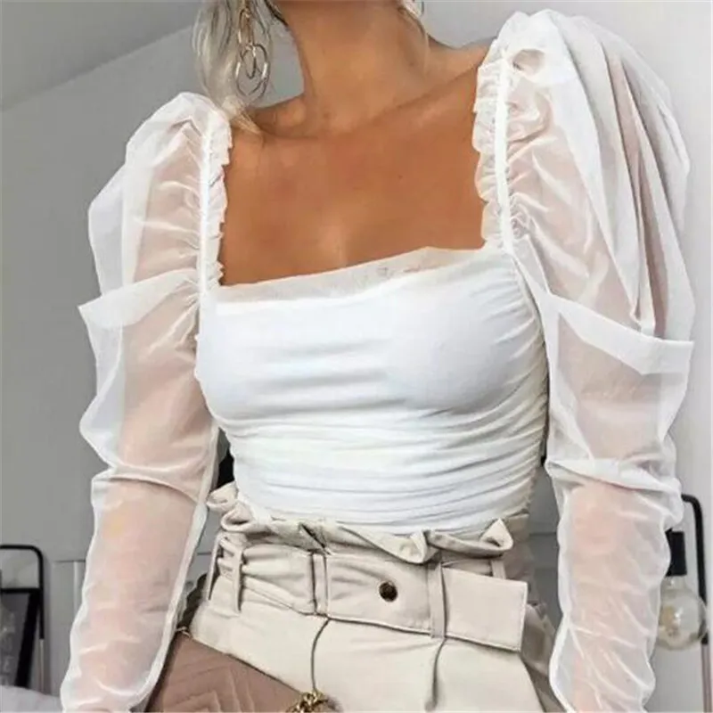 Mulheres senhora verão malha de manga longa camisa sexy blusa casual de baixo corte tops elegante puro quadrado colarinho festa clubwear mulheres roupas x0521