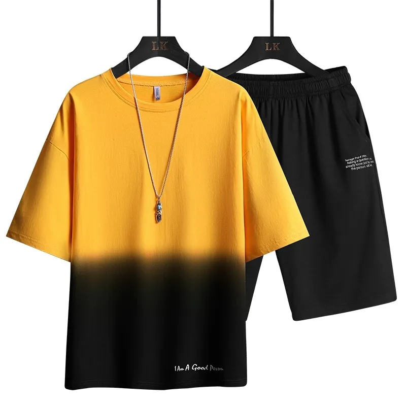 Summer Tracksuit Mens T-Shirt Shorts 2-Piece-Set Running-sport Suit Couple Men Clothing Fashion Elastic Waist Bermuda Masculina 210601