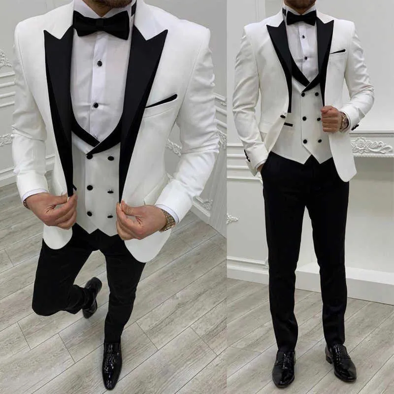 3 peças Slim Fit Homens Ternos com Dupla Colocas Prazes Formal Tuxedo para Groomsmen Fashion Black Peaked Lapel Traje X0909