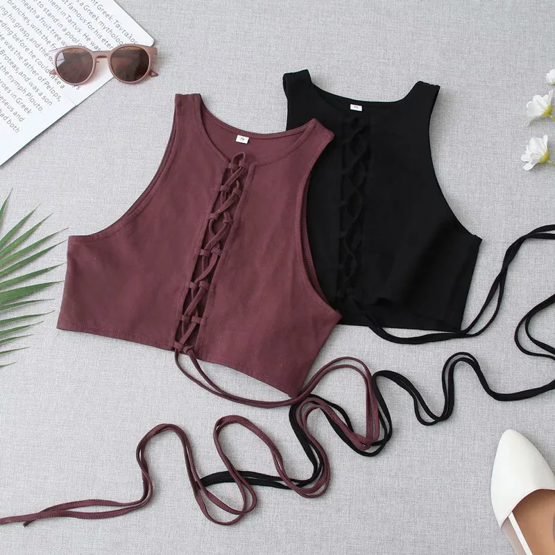 Casual Women O Neck Bow Lace Vest Summer Fashion Ladies High Street Sexig Kvinna Lace-Up Beskuren Tank Top 210430