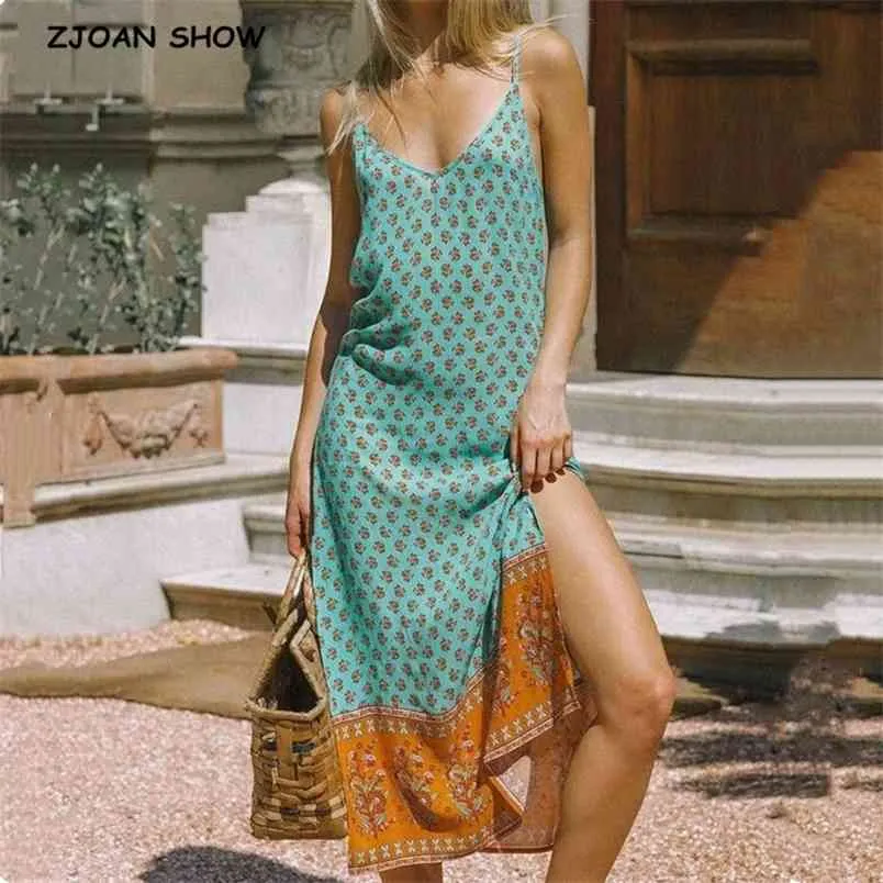 Bohemian strappy long col en V Imprimé floral BOHO Dress Summer Holiday Femme Side Slit Spaghetti Strap Robes Sling Vestidos 210429