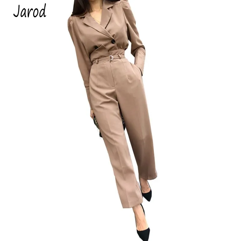 High quality Formal Office Women Suits Autumn Double-breasted Notched Work Coat + Fashion High waist OL Pants Formal 2 Pcs Set 210518