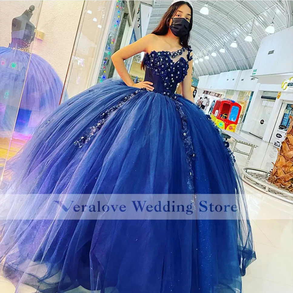 vestidos de xv 15 a￱os أزرق Quinceanera فستان بكتف واحد يزين الكرة ثوب الحفلة الراقصة الحلو 16 فستان مخصص