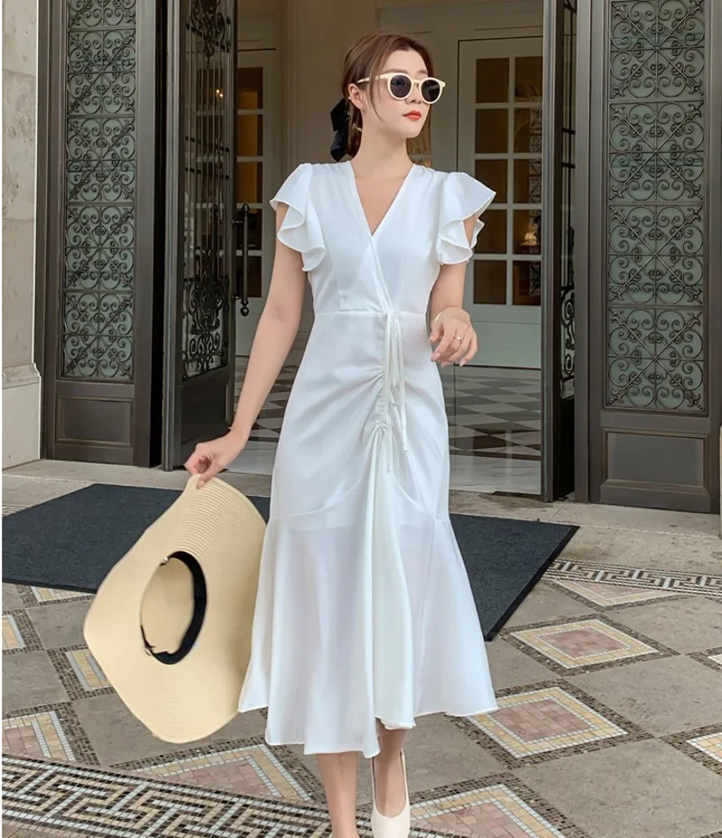 Retro Super Fairy white V-neck Dress Slim short sleeve Ruffles Drawstring Draped mermaid Patchwork Summer Midi Dress 210514