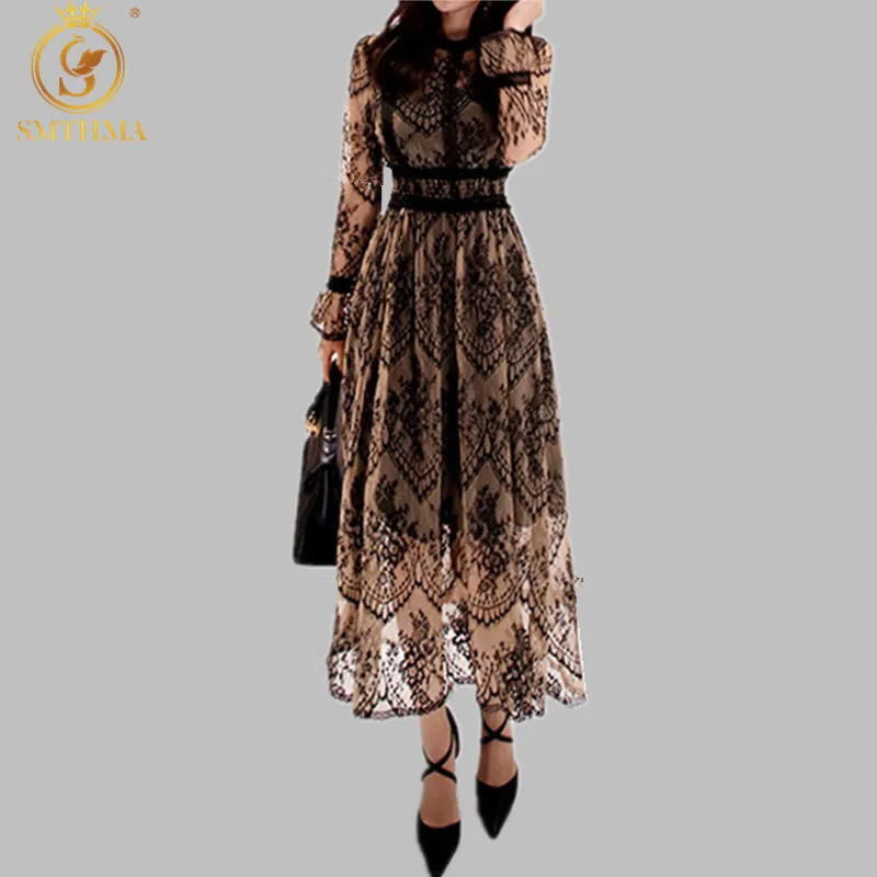 Spring Elegant Hollow Out Patchwork Dress for Women Vintage Lace Long Sleeve O-Neck Work Woman Party 210520