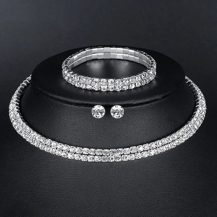 Pendant Necklaces Luxurious and elegant full double row diamond necklace bracelet stud set