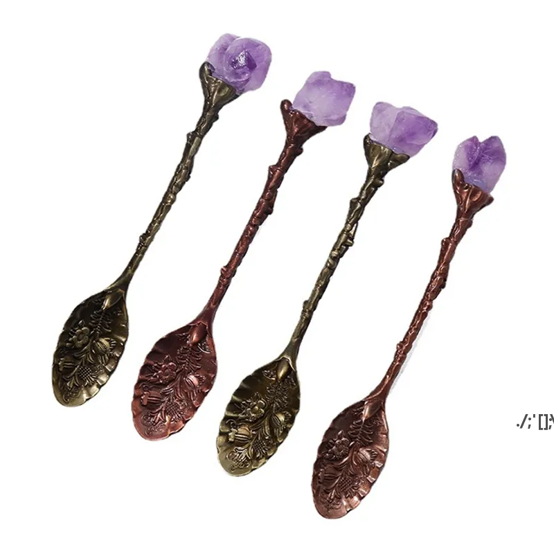 Natürlicher Kristalllöffel Amethyst Handgeschnitzter langer Griff Kaffeemischlöffel DIY Haushaltstee-Set Zubehör LLA10713