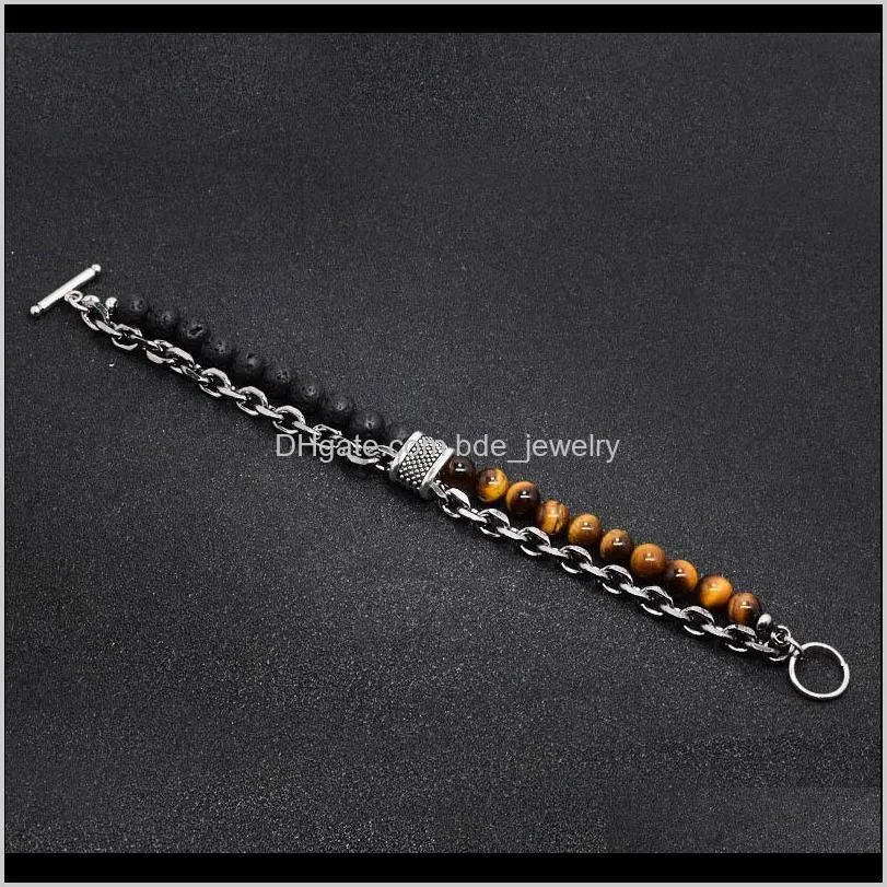 mens bracelet tiger eye stainless steel bracelet double layer beads hip hop rock natural stone boyfriend gift wholesale