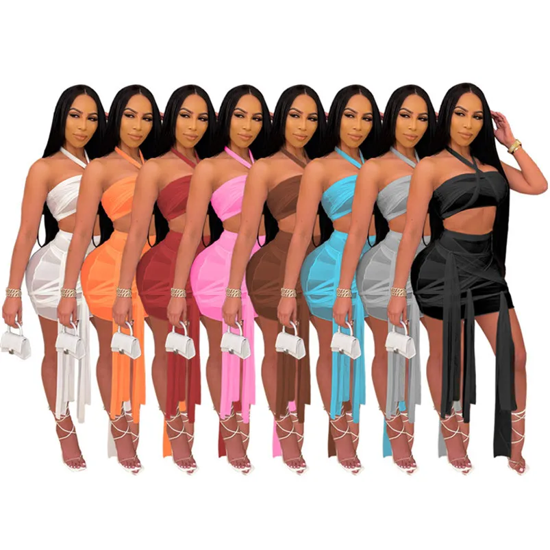 Été deux pièces robe femmes sans bretelles + mini jupe sexy bodycon bind robes mode haute qualité solide femmes vêtements klw6218