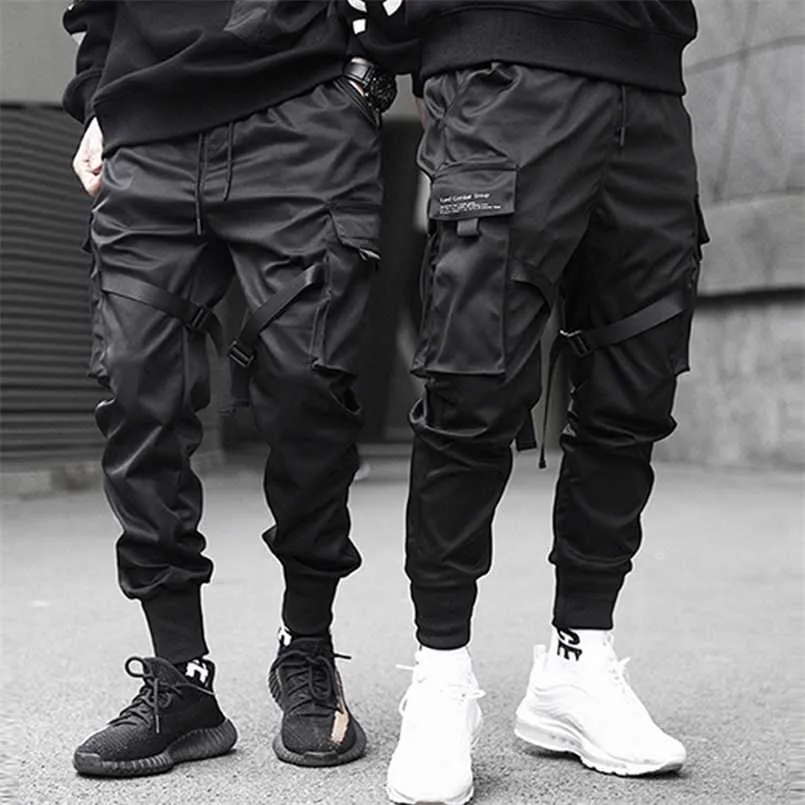 Lacible hip hop cargo byxor band män svart streetwear hajuku techwear taktiska byxor byxor harem joggers sweatpants punk 211112