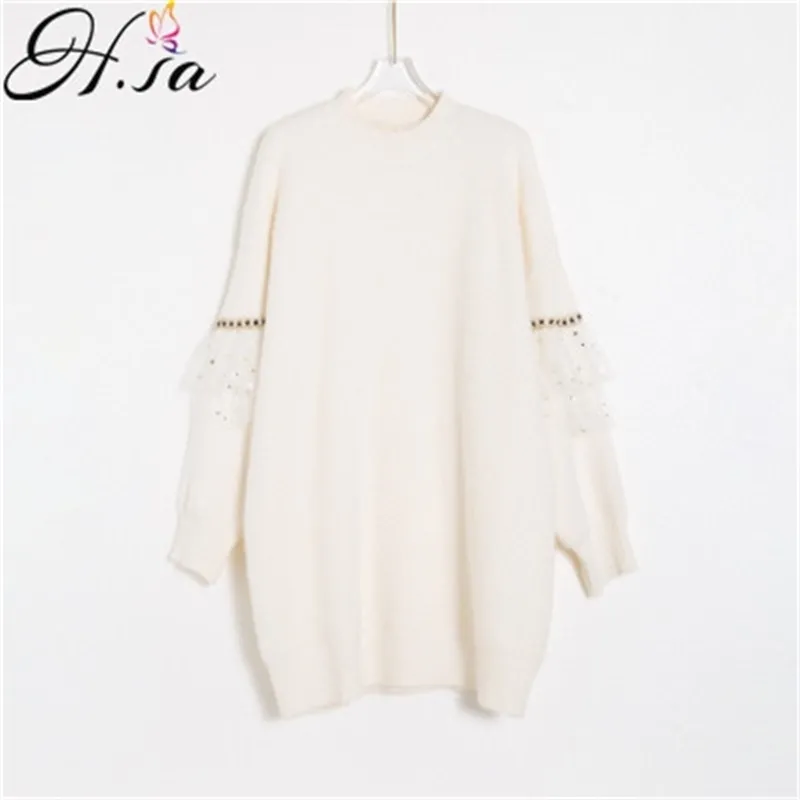 Pulls en tricot d'hiver à manches longues à volants Jumpers Blanc Midi Wear Robe Dentelle Patchwork Mohair Pulls doux 210430