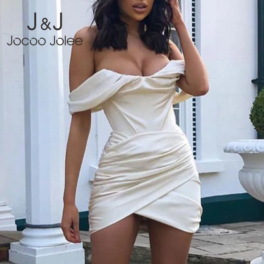 Jocoo joune مثير عارية الذراعين الحرير bodycon التفاف اللباس المرأة أنيقة قبالة الكتف ruched البسيطة اللباس النادي حزب مساء فستان قصير 210518