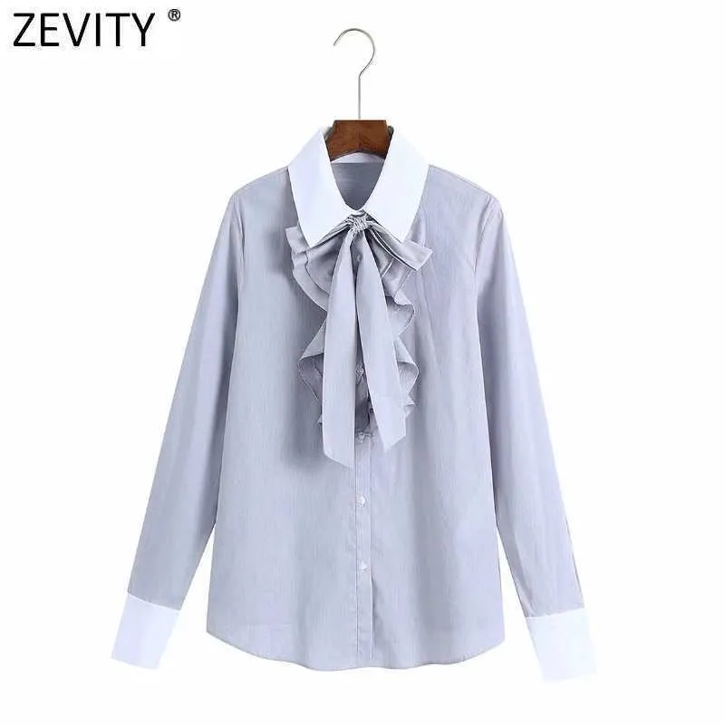 Zevity Frauen Süße Schleife Gebunden Rüschen Deocraion Streifen Hemden Büro Damen Patchwork Casual Roupas Chic Femininas Tops LS7389 210603