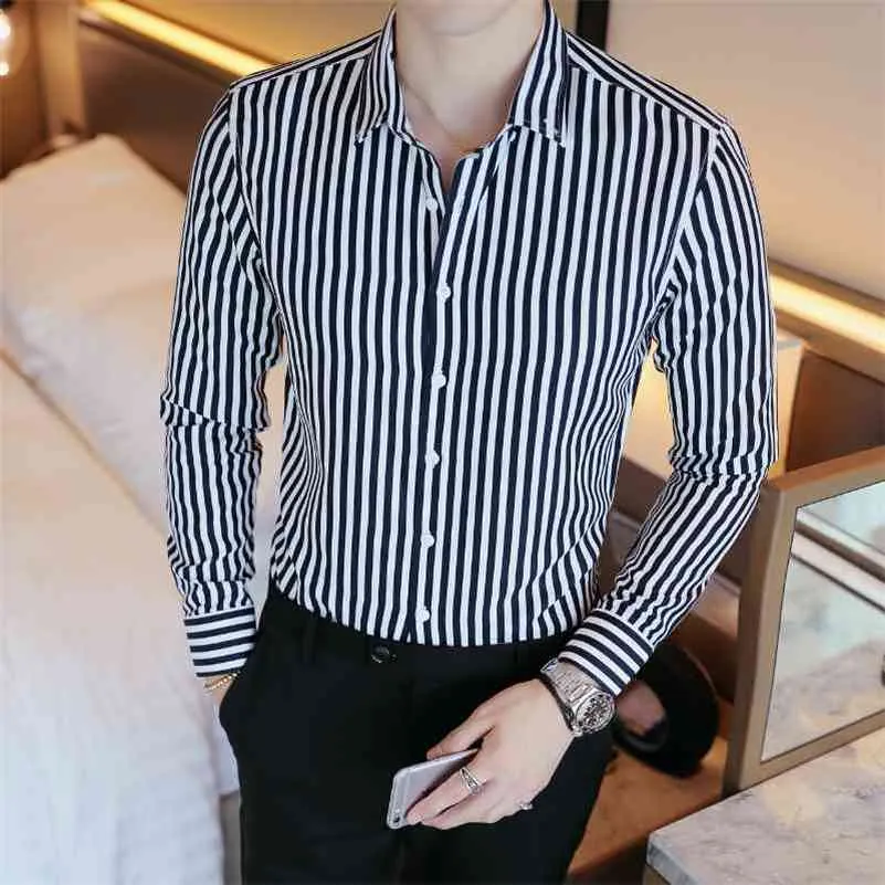 ビジネスの男性のシャツのブランドのファッション長袖シャツの男性すべてのマッチスリムフィット縞模様のシャツ男性フォーマルウェアブラウスホム210714