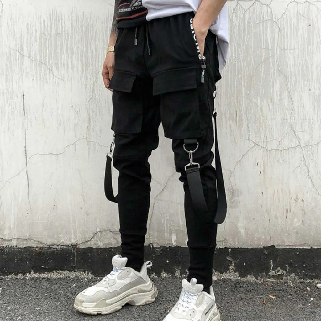 2021 Hiphop Streetwear Jogger Pant Mężczyźni Czarne Multi Kieszonkowe Wstążki Spodnie Bawełniane Casual Style Style Spodnie dresowe Mężczyźni Y0927