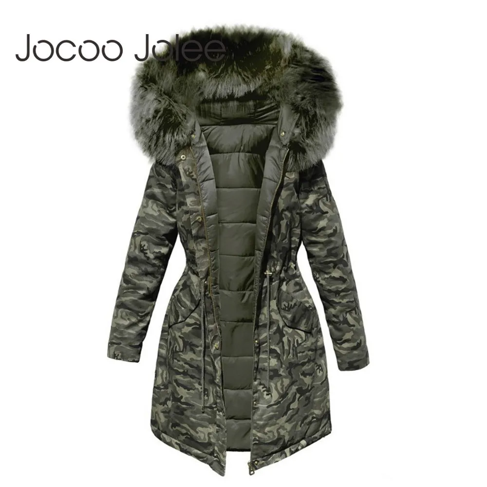 Giacca invernale da donna Parka con cappuccio Cappotto mimetico Parka allentato Collo in pelliccia Giacche imbottite in cotone Moda 210428