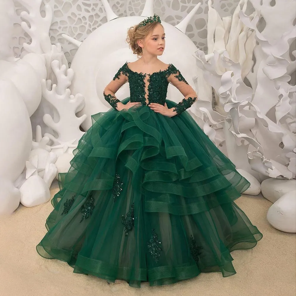 Verdi Abiti da ragazza in pizzo a maniche lunghe in pizzo Abiti per la festa di nozze Appliques in rilievo Tulle Bambini Primo Comunione Principessa Abiti Battesimo Pageant Abiti