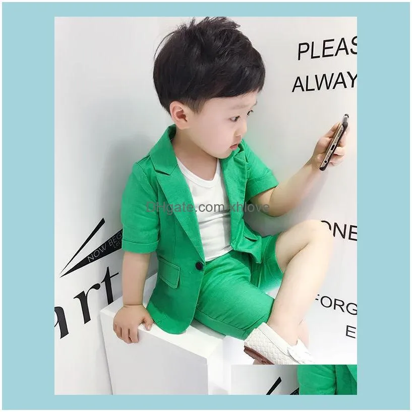 2020 Kids Summer 2pcs Short Sleeve Blazer Shorts Boys Formal Suits ChildrenWedding Clothing Sets Prom Performance Costumes