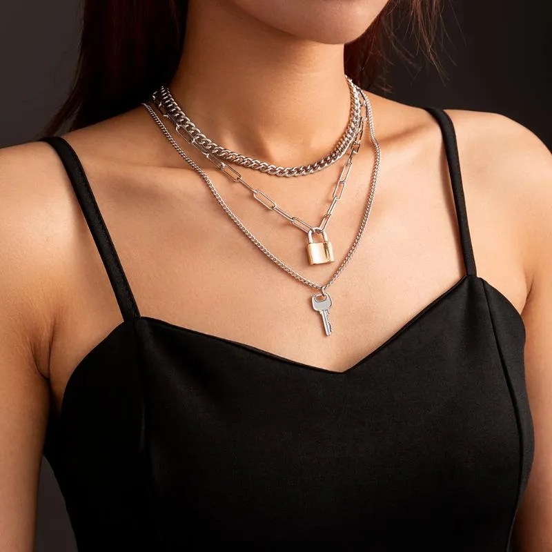 Chokers Toptan Moda Punk Trendy Çok Katmanlı Kolye Kilit Şeklinde Anahtar Hiphop Takı