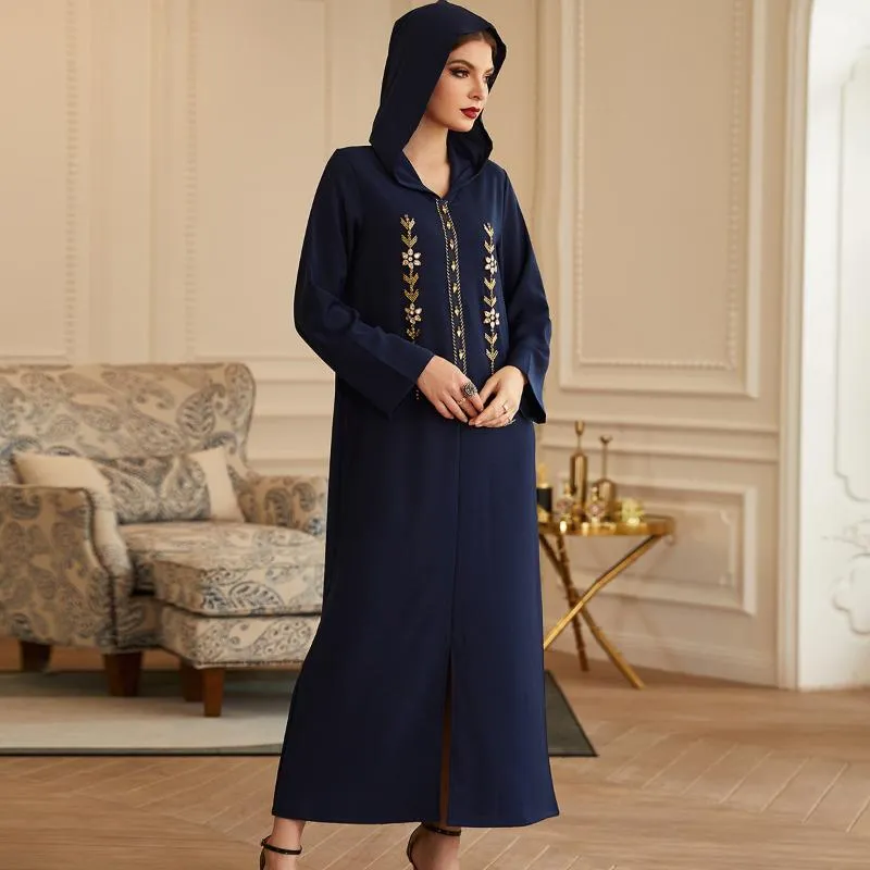 Etnik Giyim Müslüman Koyu Mavi Kapüşonlu Rhinestones Rahat Uzun Kollu Elbise Kadın Ramazan Robe Marocaine Jilbeb Djellaba Femme Pakistan
