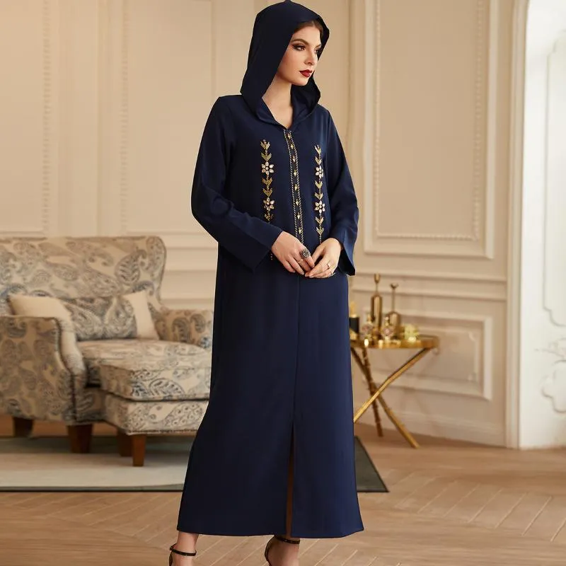 Abbigliamento etnico Musulmano Blu scuro Con cappuccio Strass Abito casual a maniche lunghe Donna Ramadan Robe Marocaine Jilbeb Djellaba Femme Pakistani