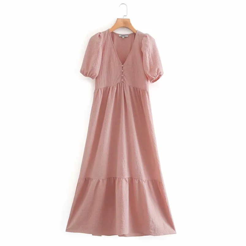 여름 여성 단단한 Pleated 드레스 짧은 소매 100 % 코 튼 v 넥 단추 스플 라이스 ES 여성 프릴 우아한 천 210513