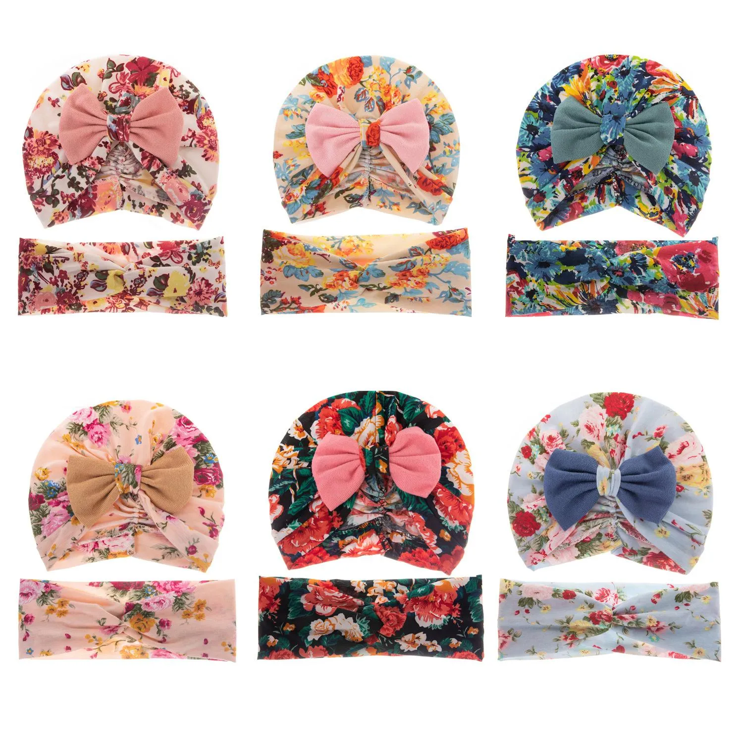 Europa Fashion Infant Baby Florals Hat met Hoofdband Bowknot Cap Gekruiste Elastische Haarband 2pcs / Set