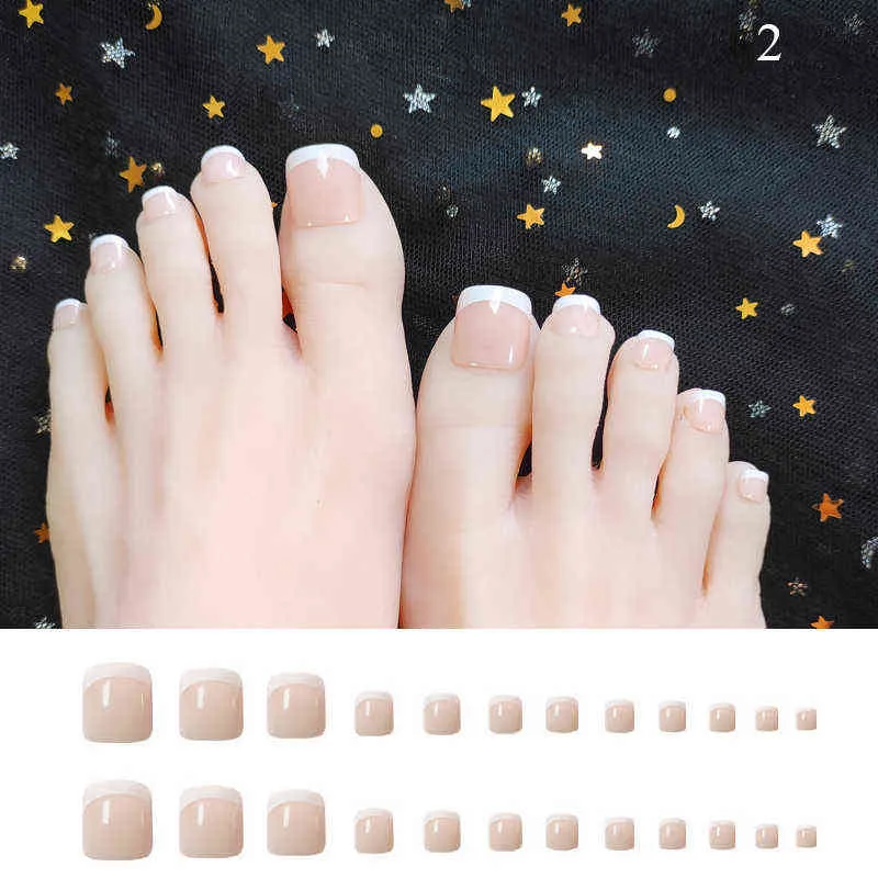 False Nails 24pcs Foot False Toenail Tips Set French Full Cover Fake Toe Nail Stickers Patches Diy Manicure Decoration 220225