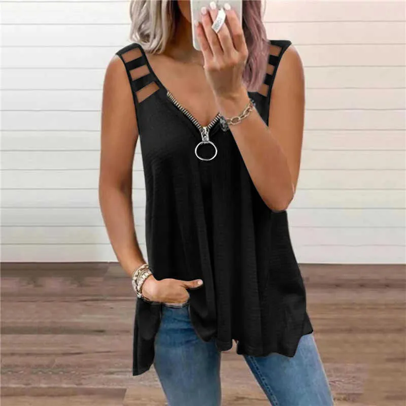 Ruché Zipper Débardeurs Blouses Femmes Sexy Col En V À Manches Courtes Évider Tunique Blouse Casual Irrégulier Top Femme D'été Blusas Y0824