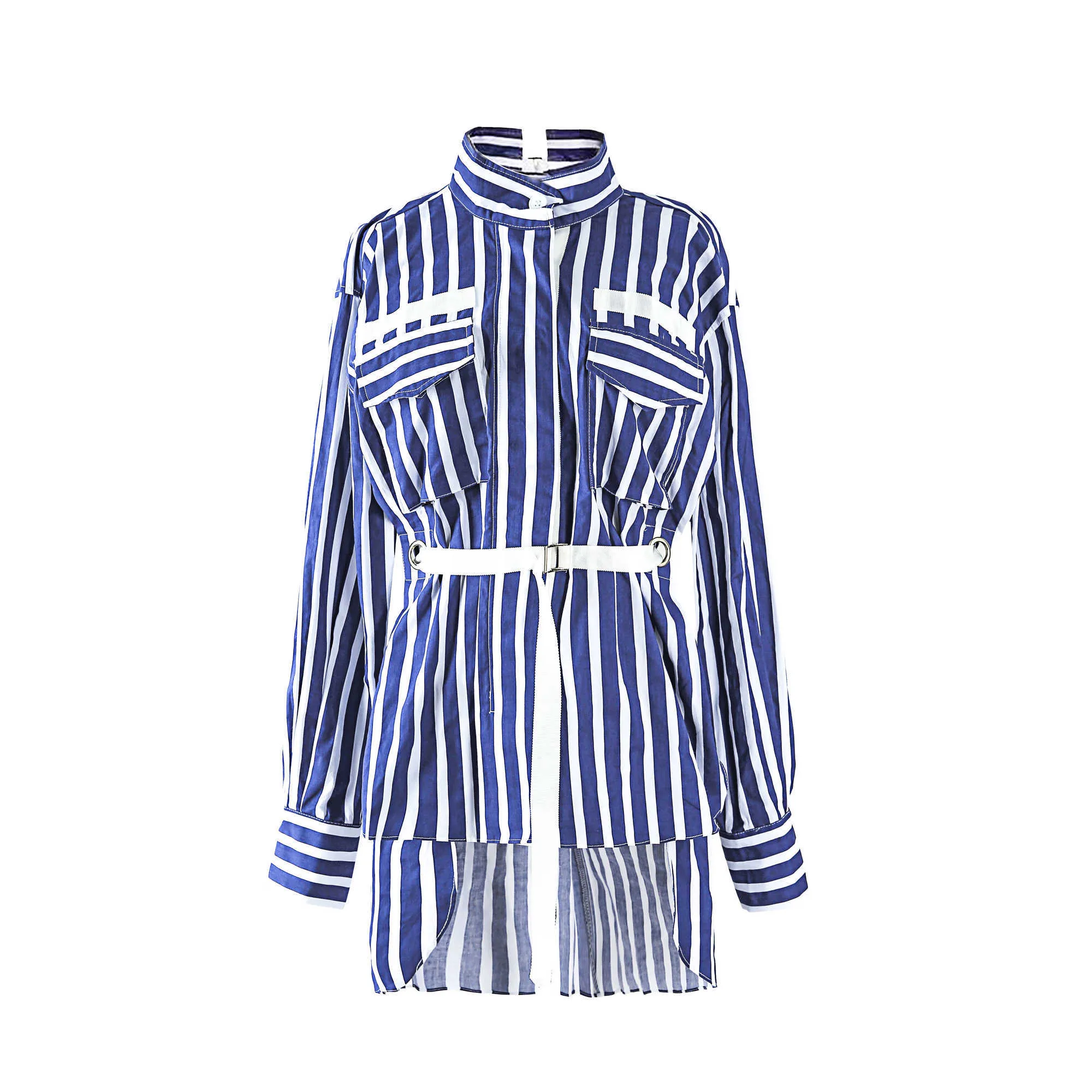 春のファッションの青と白の垂直方向の縞模様のスタンドフルシャツの女性のバックベルトトップ210615